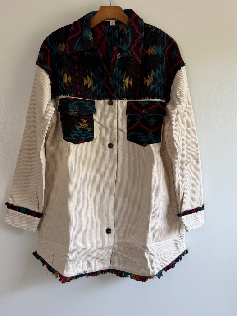 Mazik Cream Corduroy Shacket Shirt with Black Southwestern Panels Boho NEW